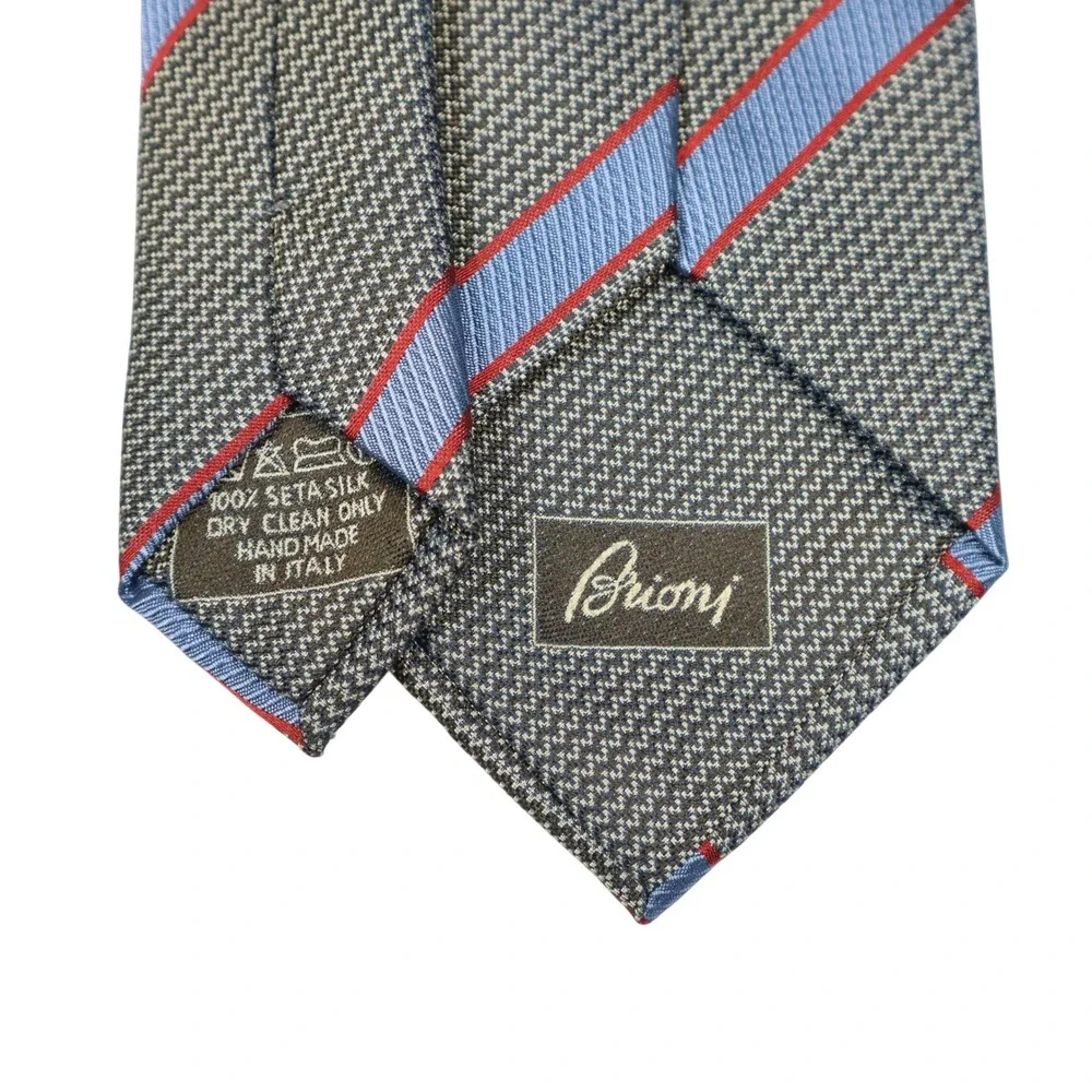 Brioni Silk Necktie Olive Gray Blue Red Repp Stripe Hand Made‎ Italy Luxury 62in